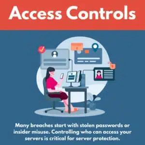 Infographic explains server access controls, emphasizing password management and insider misuse risks for security awareness