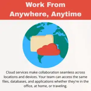 Illustrated cloud and file folder over Earth emphasize remote access and flexible team collaboration