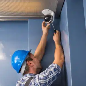 Technician installs ceiling dome surveillance camera, illustrating ip camera vs cctv differences during professional setup