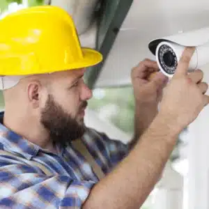 Worker in yellow helmet secures an outdoor security camera under a roof overhang for surveillance