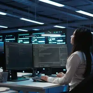 Analyst monitors multiple screens in data center, investigating alerts and running scripts during incident response