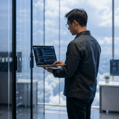 An IT professional monitors cloud-ready server systems on a laptop, representing how top server companies support secure and scalable infrastructure