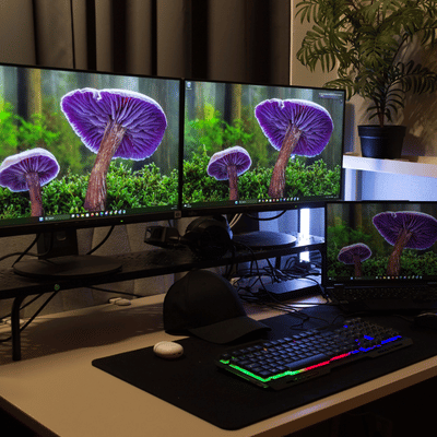 A multi-screen computer setup shows vivid graphics, representing servers and workstations for design and technical workflows