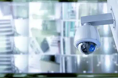 A dome-style security camera monitors a building with multiple feeds shown on the background wall