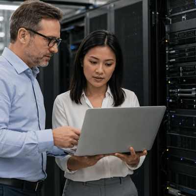 Two IT professionals review hardware requirements on a laptop while comparing lenovo vs dell servers in a data center