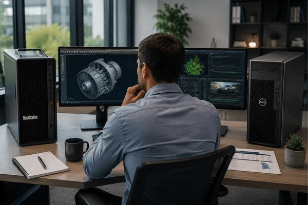 A business IT buyer reviews a Lenovo vs Dell workstation comparison while studying engineering visuals on dual office monitors